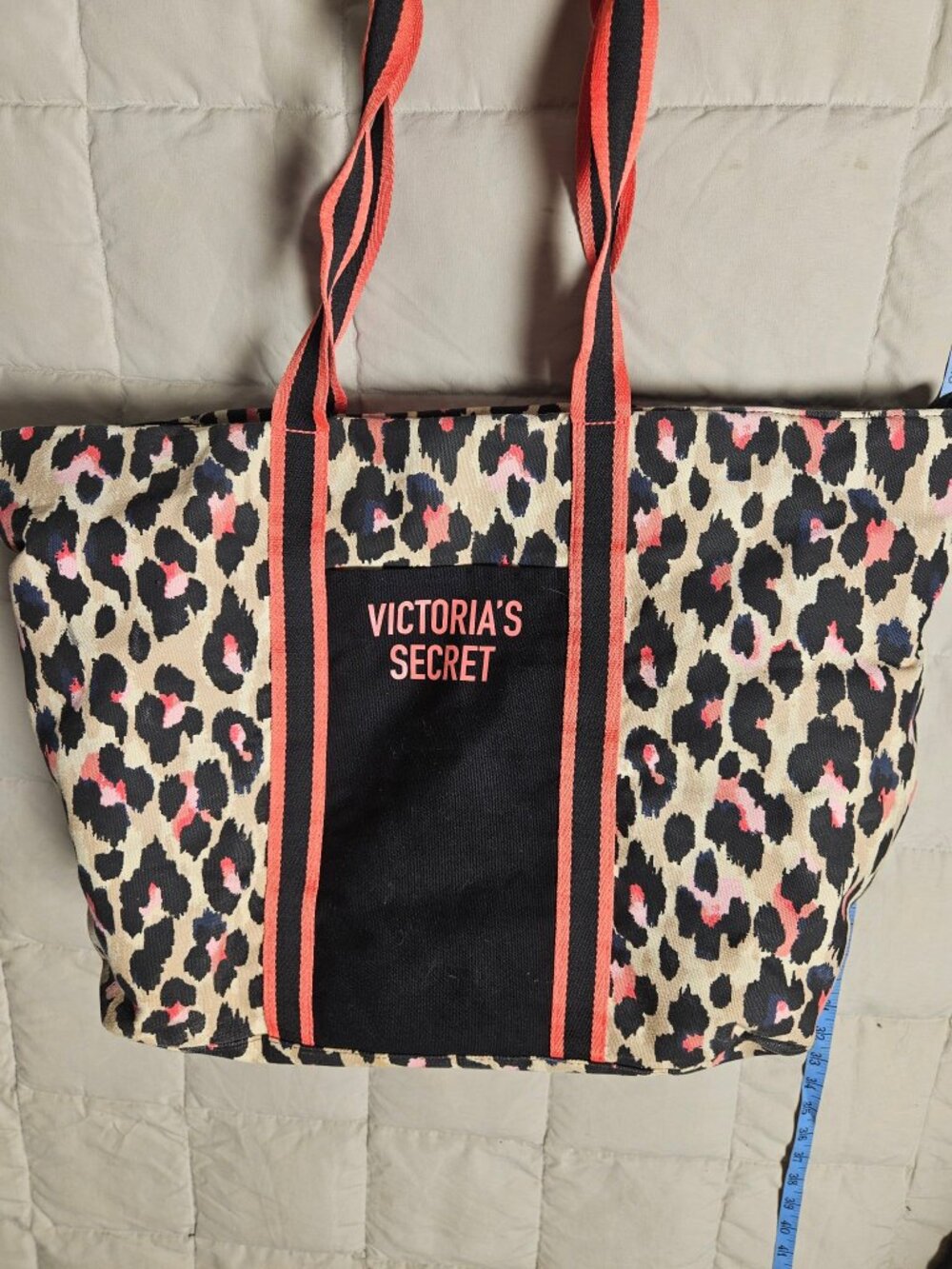 Victoria's Secret Leopard Print Canvas Tote Bag Coral Black Straps